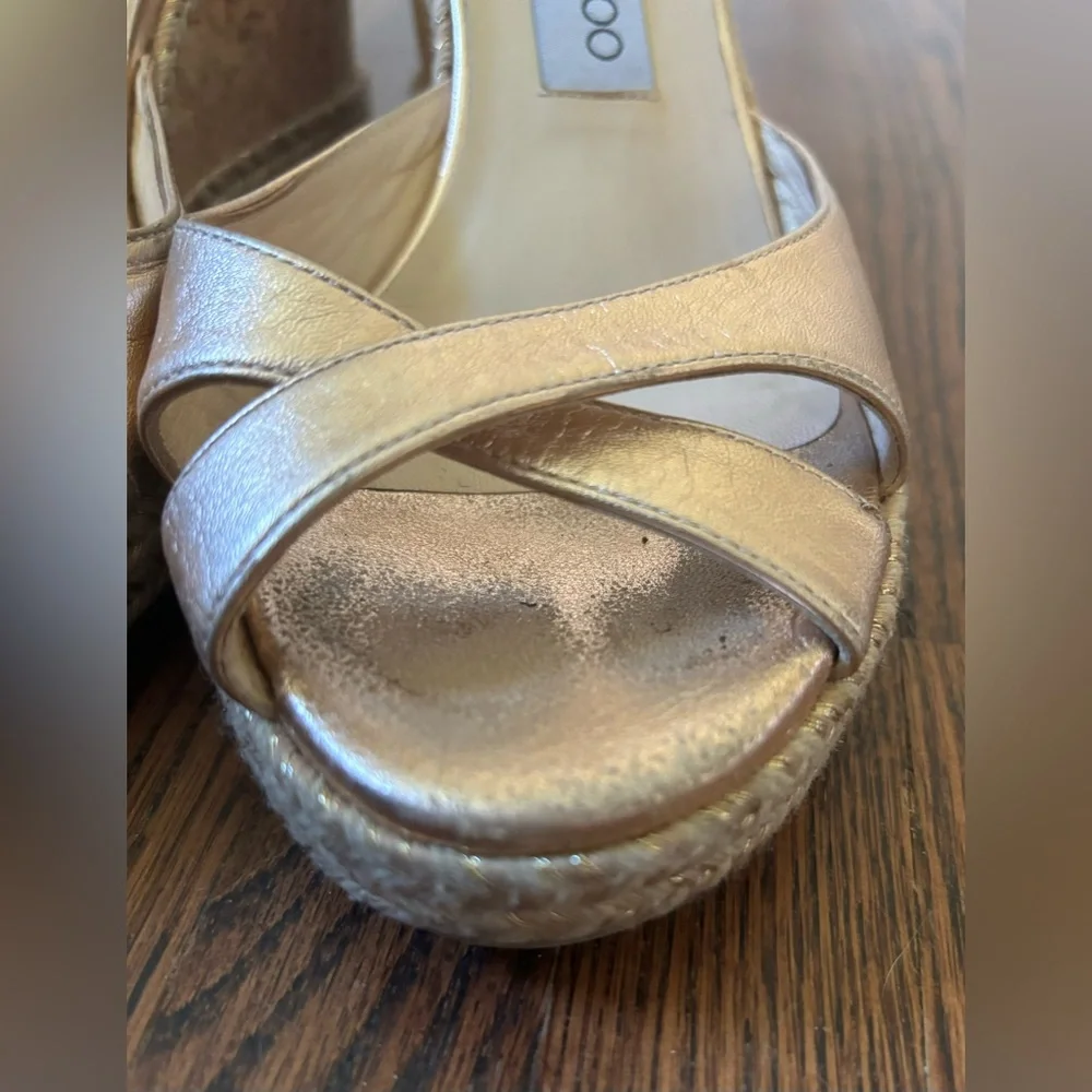 Jimmy Choo Almer Metallic Nappa Leather Wedges Braid Trim in gold, Size 38.5